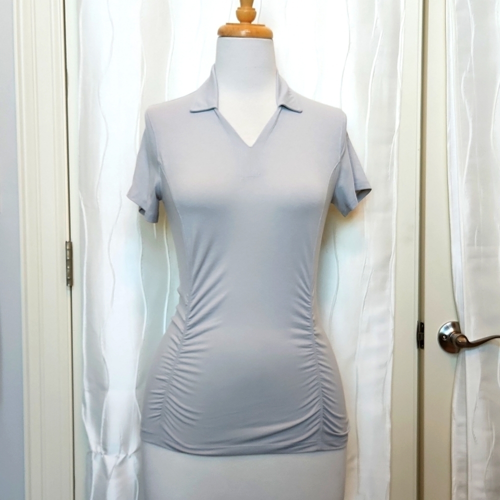 Duluth Ruched Collar V-Neck Gray Top